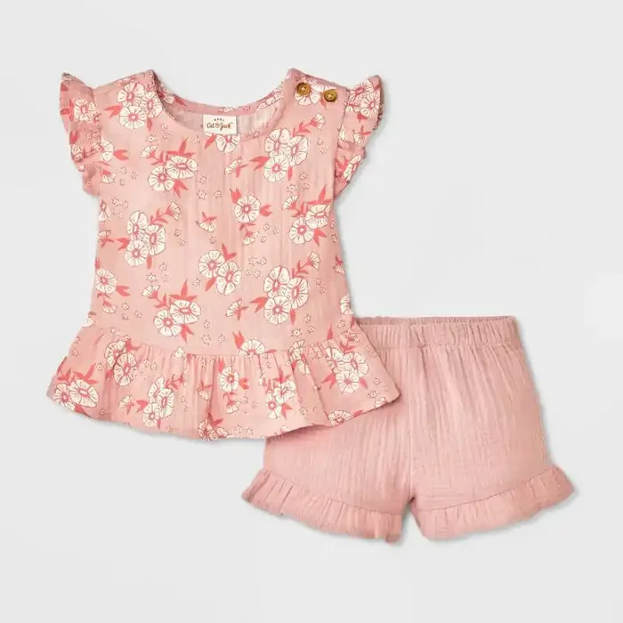 Baby Girls‘ Ruffle Sleeve Floral Gauze Shorts Set – Cat & Jack™ Pink 0-3M