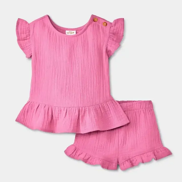 Baby Girls‘ Ruffle Sleeve Gauze Shorts Set – Cat & Jack™ Burgundy Newborn