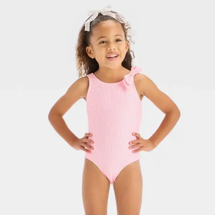Baby Girls‘ Seersucker Striped One Piece Swimsuit With Bow- Cat & Jack™ Pink 18M UPF 50+, Sleeveless, Elastic Leg