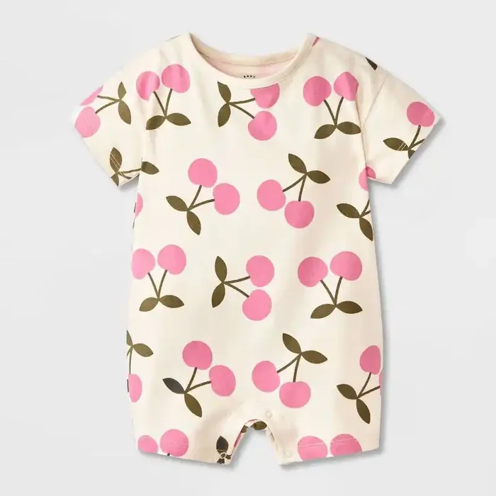 Baby Girls‘ Short Sleeve Cherries Romper – Cat & Jack™ Cream 3-6M
