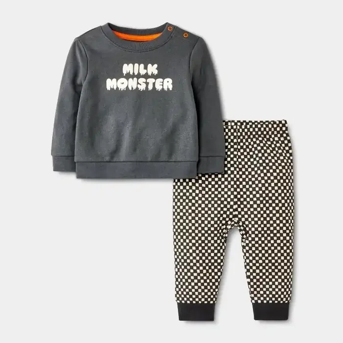 Baby Halloween Checkered Milk Monster French Terry Sweatshirt & Jogger Pants Set – Cat & Jack™ Black 3-6M