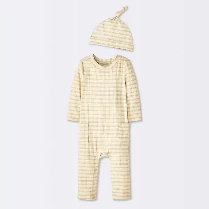 Baby Jacquard Checkered Romper & Hat – Cloud Island™ Tan 6-9M