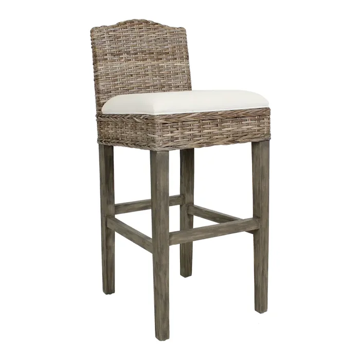 Bea Light Gray Rattan and Teak Barstool with Cushion