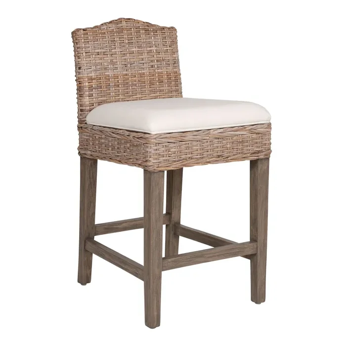 Bea Light Gray Rattan and Teak Counter Stool with Cushion