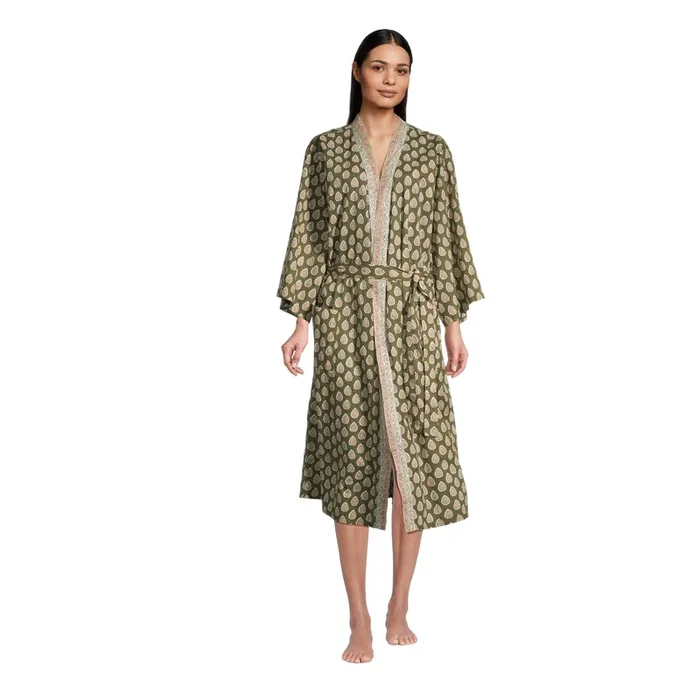 Beau Olive Green Bhuti Block Print Robe With Pockets