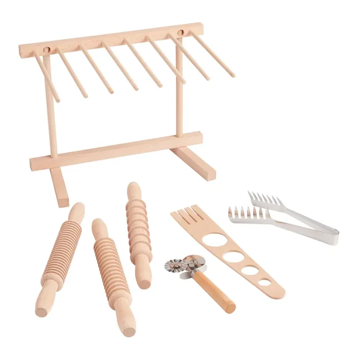 Beech Wood and Steel Pasta Tool Set with Drying Rack 7 Piece