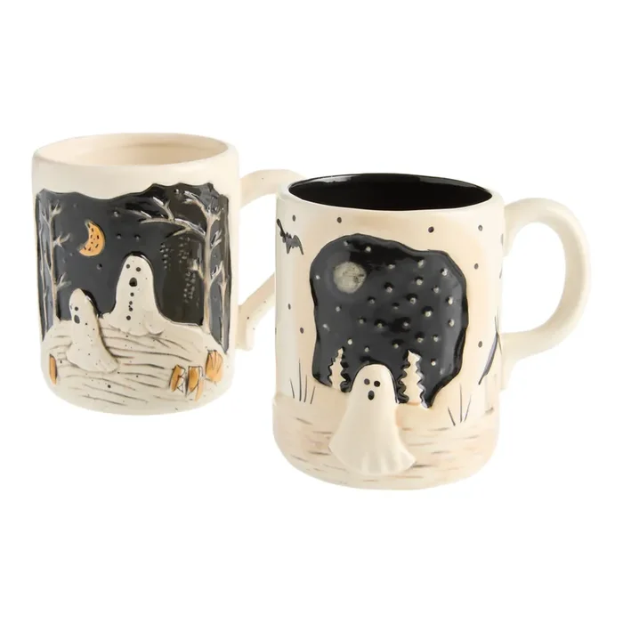 Black and Cream Embossed Ghost Landscape Ceramic Mug Set of 2