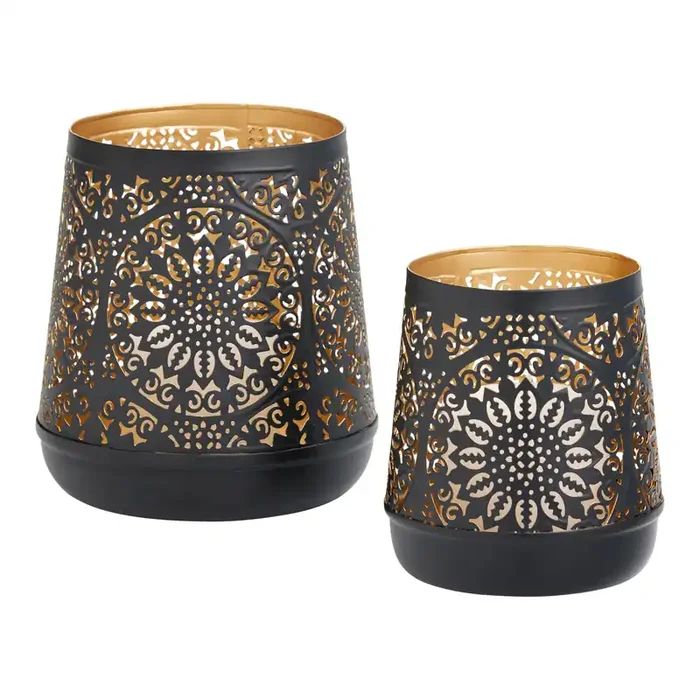 Black and Gold Metal Medallion Hurricane Candle Holder