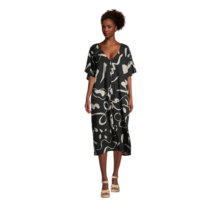 Black And Ivory Abstract Kaftan Jumpsuit With Pockets
