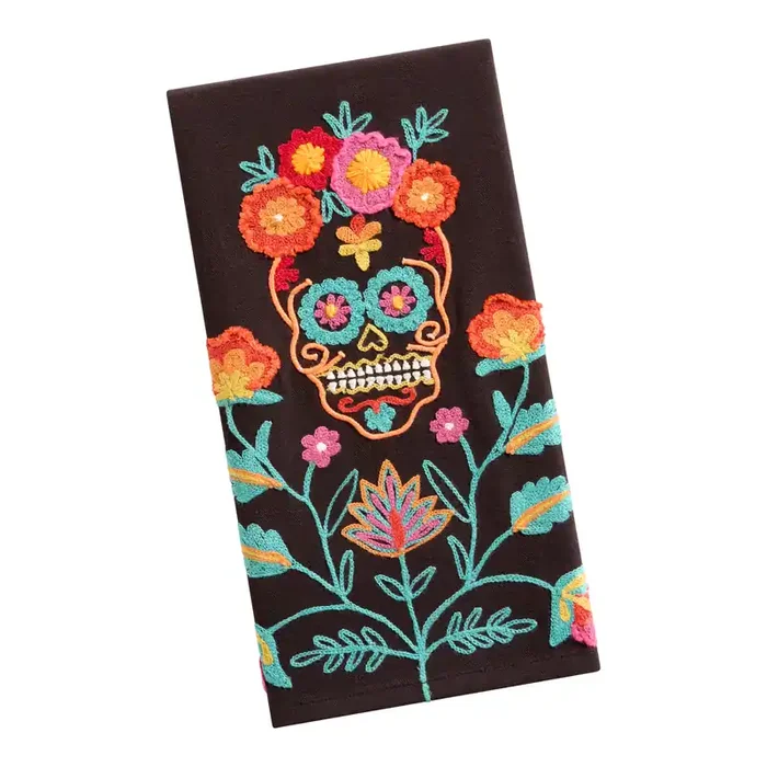 Black and Neon Floral Sugar Skull Embroidered Kitchen Towel
