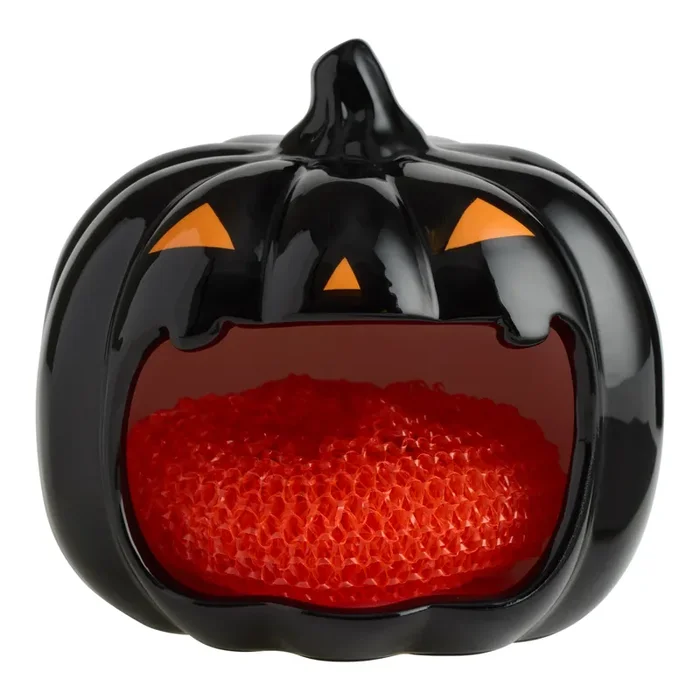Black and Orange Ceramic Pumpkin Figural Sponge Holder with Scourer