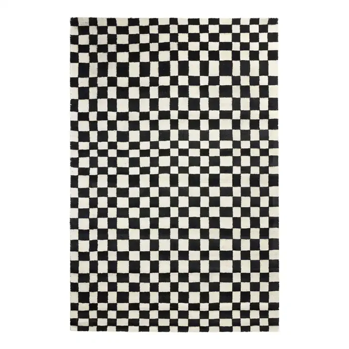 Black and White Checked Wool and Cotton Area Rug