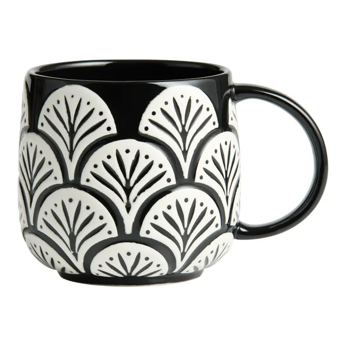 Black and White Embossed Palm Leaf Hand Painted Ceramic Mug