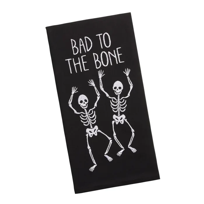 Black and White Embroidered Bad to the Bone Kitchen Towel