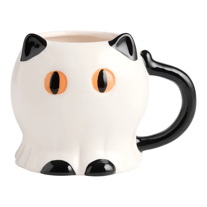 Black and White Ghost Cat Hand Painted Figural Ceramic Mug