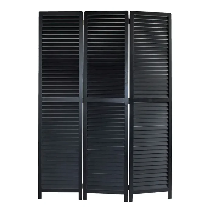 Black Bamboo and Wood Shutter 3 Panel Folding Screen