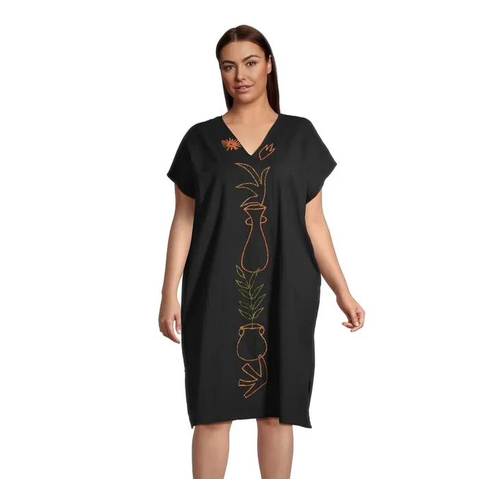Black Desert Botanical Embroidered Kaftan Dress