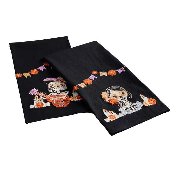 Black Dia De Los Muertos Embroidered Skeleton Kitchen Towel