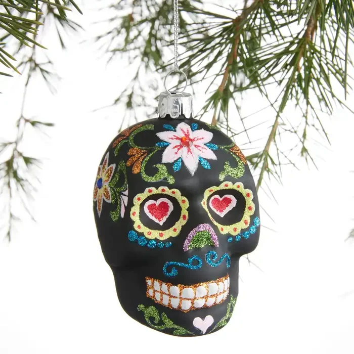 Black Glass Day Of The Dead Sugar Skull Ornament