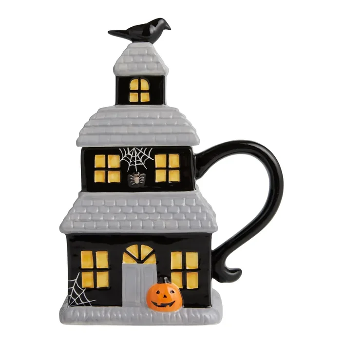 Black Haunted House Lidded Figural Ceramic Mug