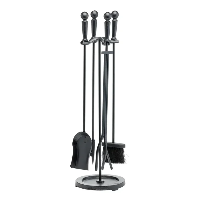 Black Iron Cylinder Ball Handle 5 Piece Fireplace Tool Set