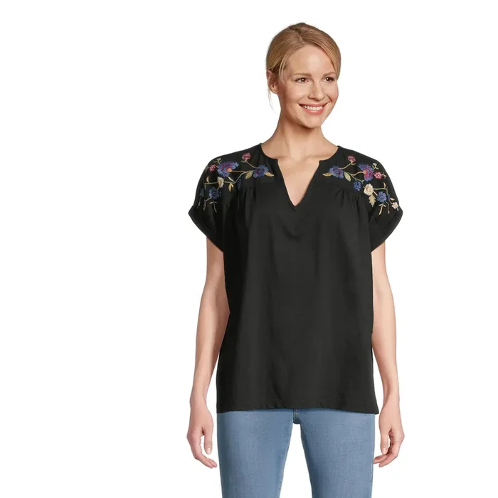 Black Jersey Floral Embroidered T-Shirt