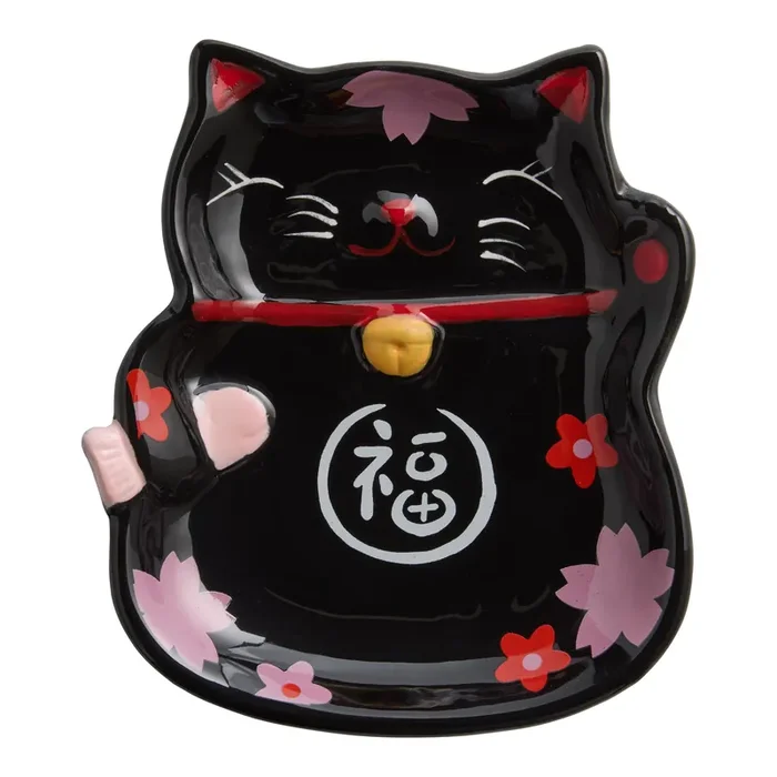 Black Lucky Cat Cherry Blossom Figural Appetizer Plate