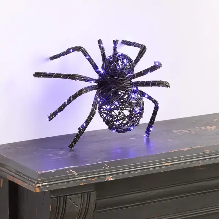Black Natural Fiber Woven Spider LED Light Up Decor