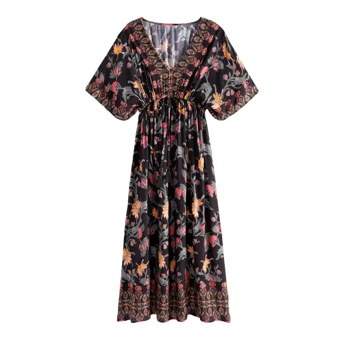 Black, Orange And Purple Floral Palomar Mira Kaftan Dress