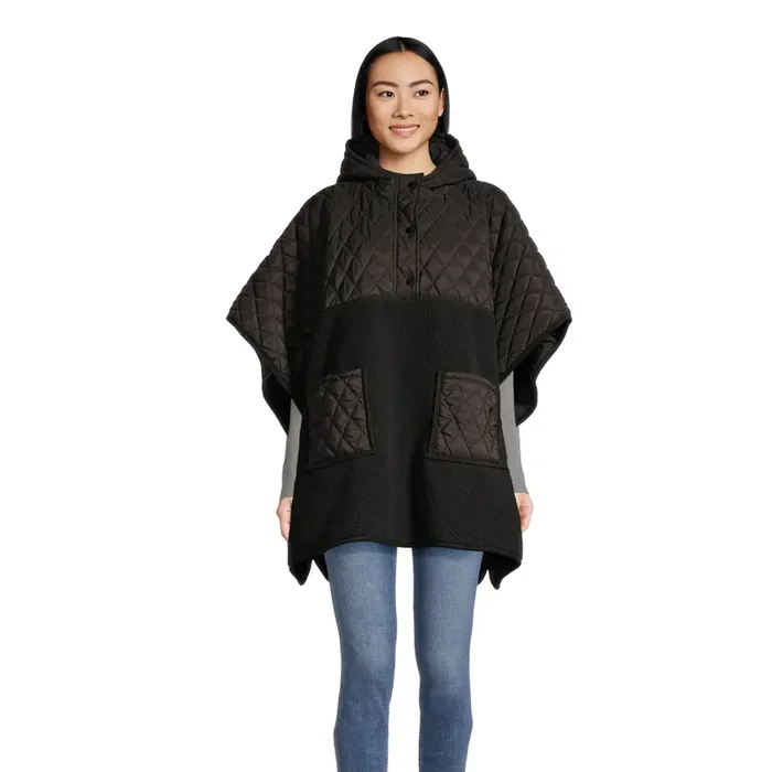 Black Quilted Faux Sherpa Hooded Poncho with Pockets