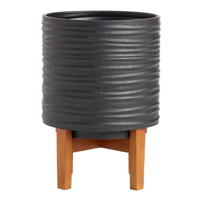 Black Wavy Metal Planter with Wood Stand