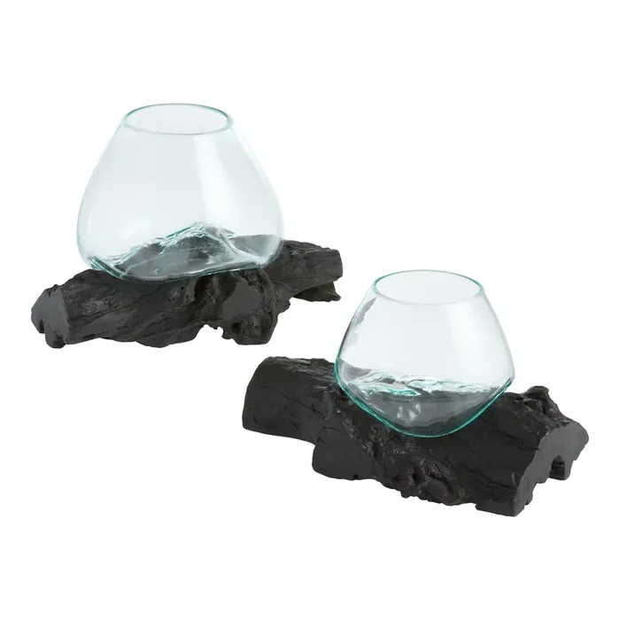 Blackened Driftwood and Blown Glass Bowl Decor