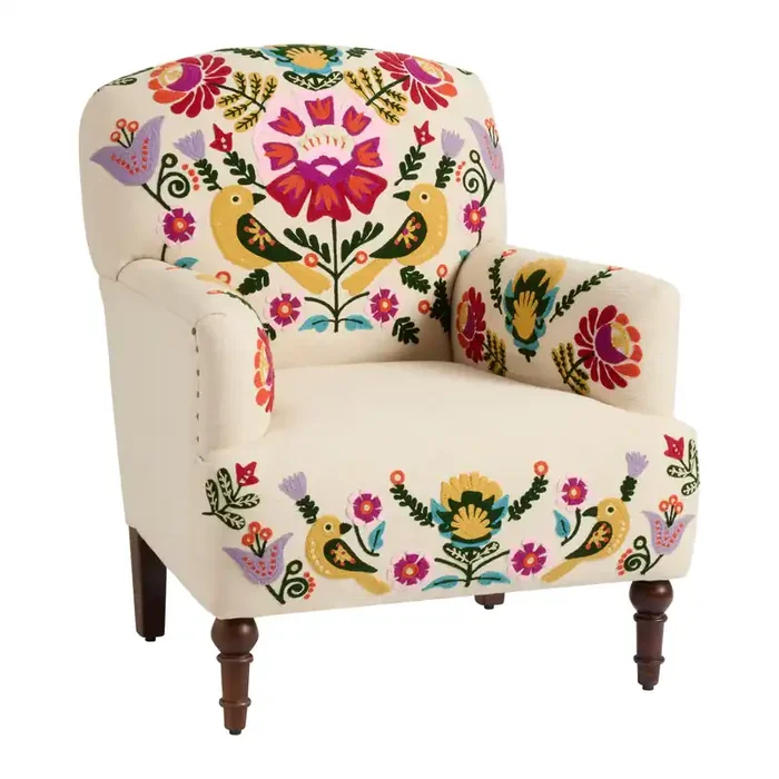 Bloomfield Ivory Cotton Embroidered Floral Turned Leg Chair