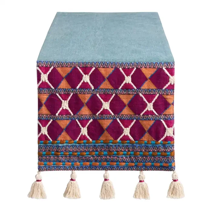 Blue and Fuchsia Geo Embroidered Table Runner with Tassels