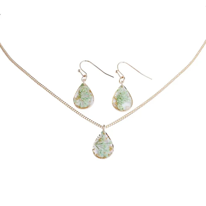 Blue And Gold Pressed Flower Necklace And Earring Set