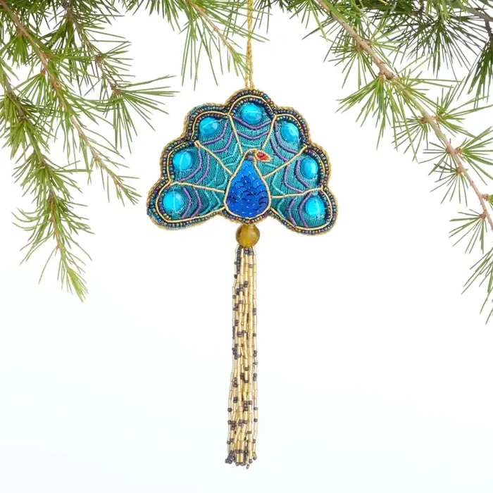 Blue and Green Beaded Peacock Tassel Ornament