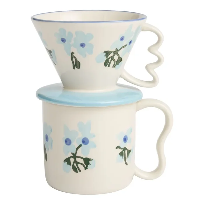 Blue and Ivory Ceramic Floral Pour Over Coffee Maker Gift Set