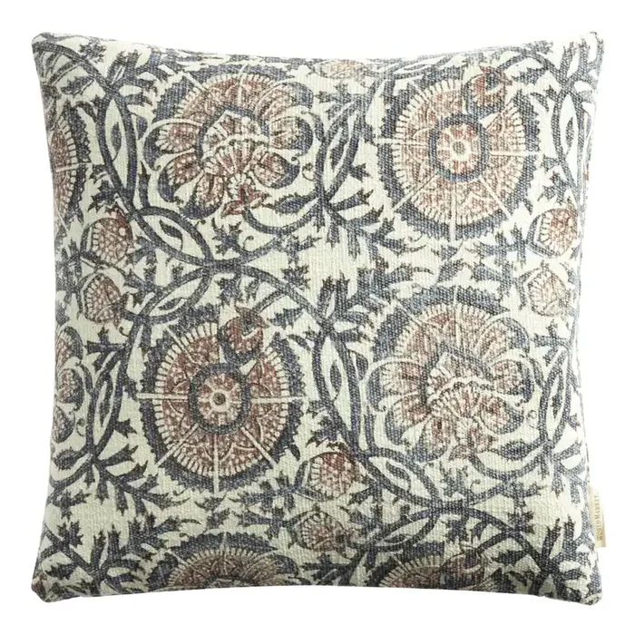 Blue And Ivory Floral Jaipur Block Print Throw Pillow