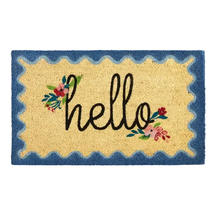 Blue and Natural Floral Hello Scalloped Border Coir Doormat