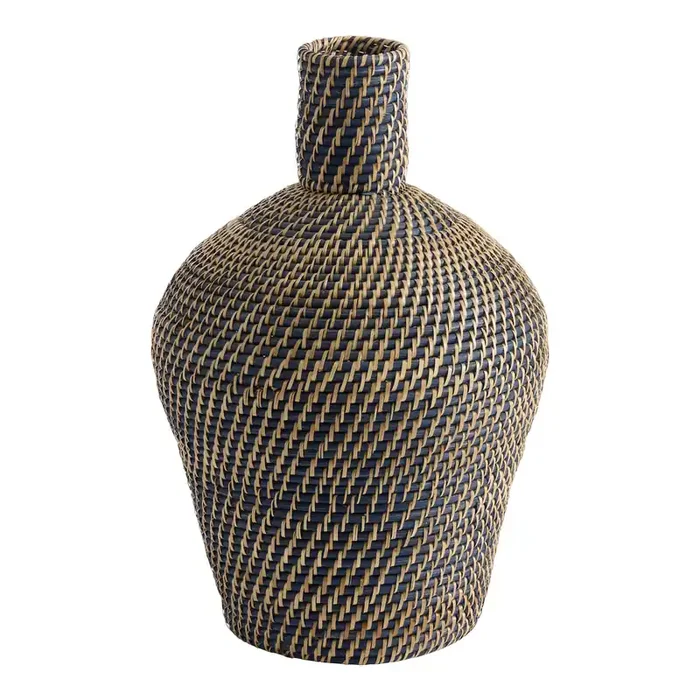 Blue and Natural Rattan Floor Vase