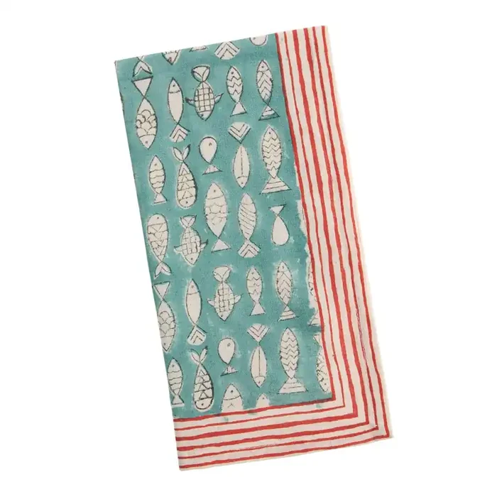 Blue and Red Fish Stripe Block Print Napkin