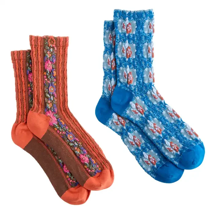 Blue and Red Floral Jacquard Socks 2 Pack