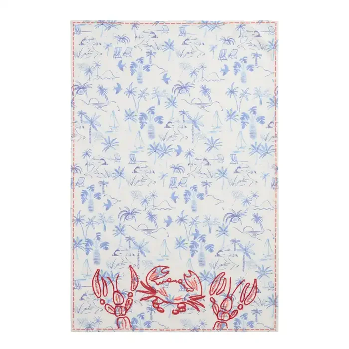 Blue and Red Tropical Crab Embroidered Kitchen Towel