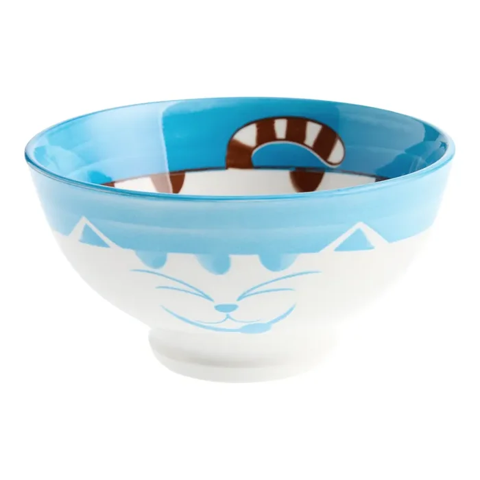 Blue and White Round Cat Hand Stamped Rice Bowl