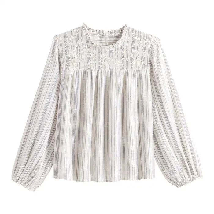 Blue And White Striped Embroidered Ella Top