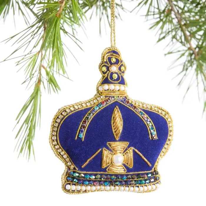 Blue Beaded Velvet Crown Ornament