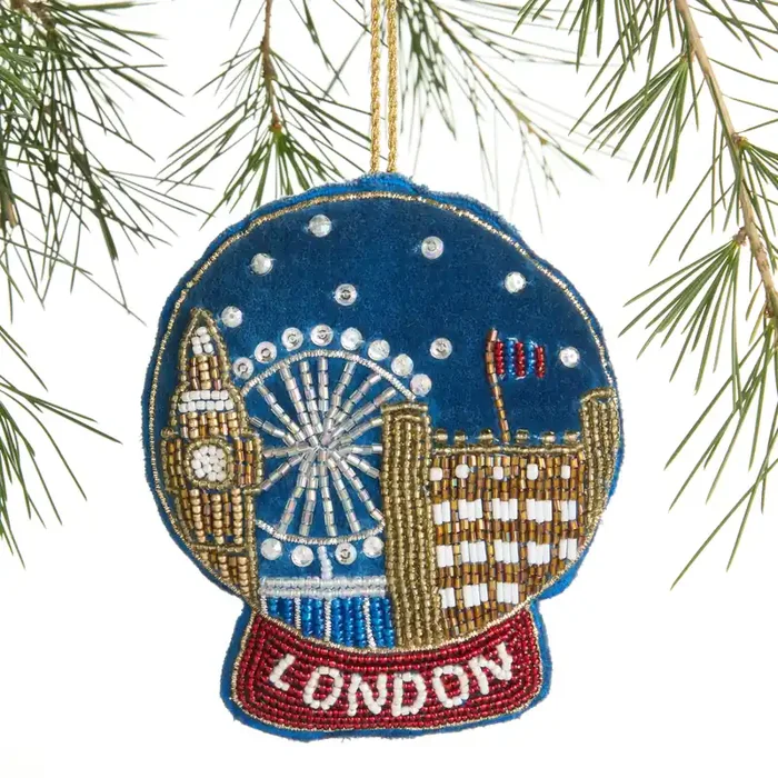Blue Beaded Velvet London Scene Ornament