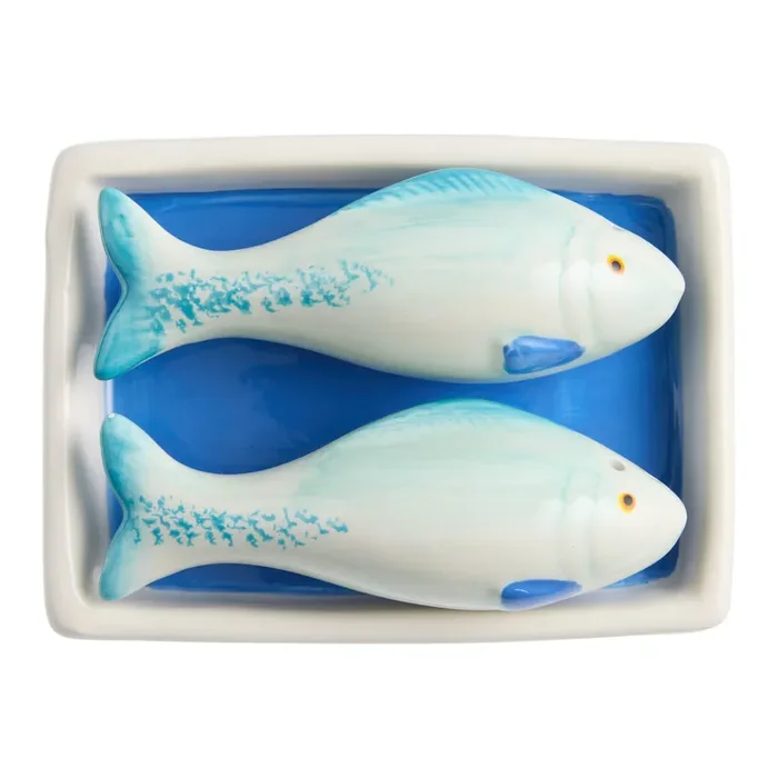 Blue Ceramic Tinned Fish Figural Salt and Pepper Shaker Set