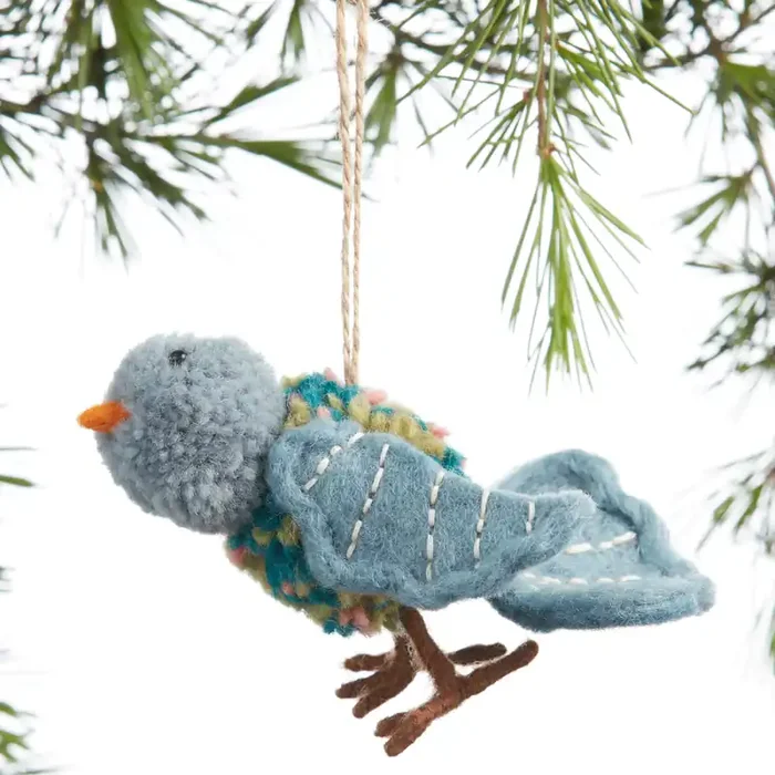 Blue Felted Wool Pom Pom Bird Ornament