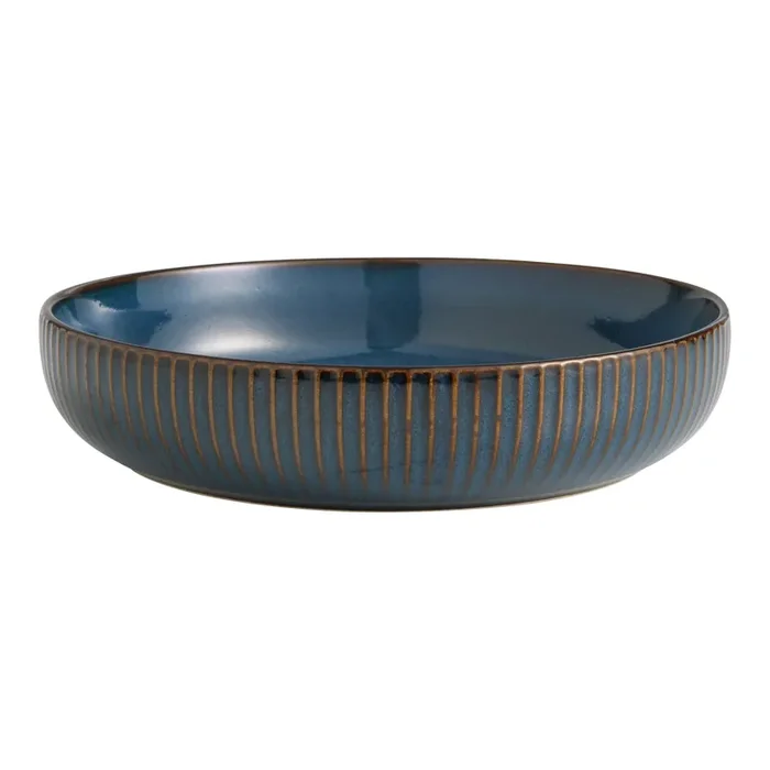 Blue Reactive Glaze Ribbed Low Bowl